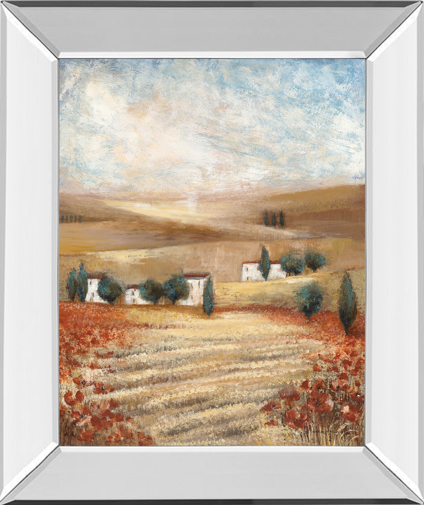 Mirrored Frame Hilltown Landscape I By Rosie Abrahams - White