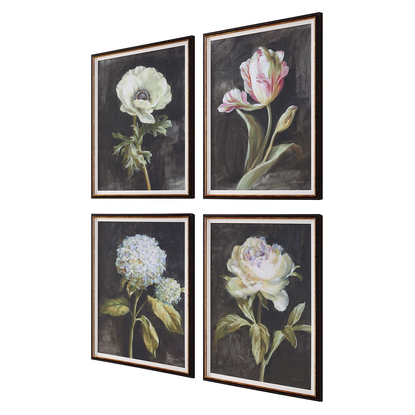 Florals On Black - Framed Prints (Set of 4) - Black