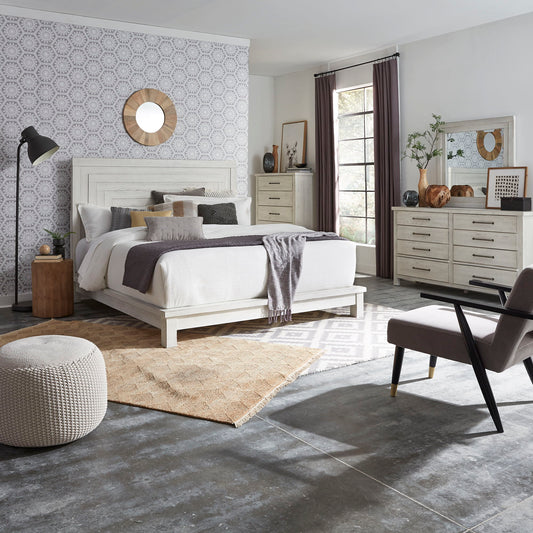Modern Farmhouse - 4 Piece Bedroom Set (California King Platform Bed, Dresser & Mirror, Chest) - White