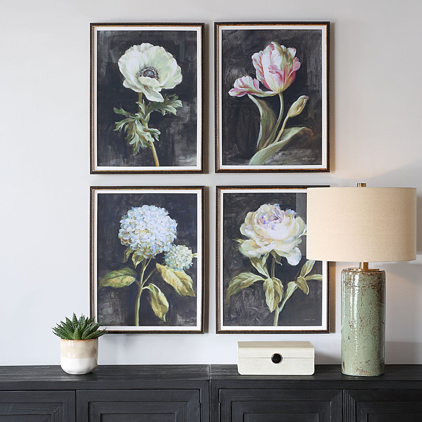 Florals On Black - Framed Prints (Set of 4) - Black