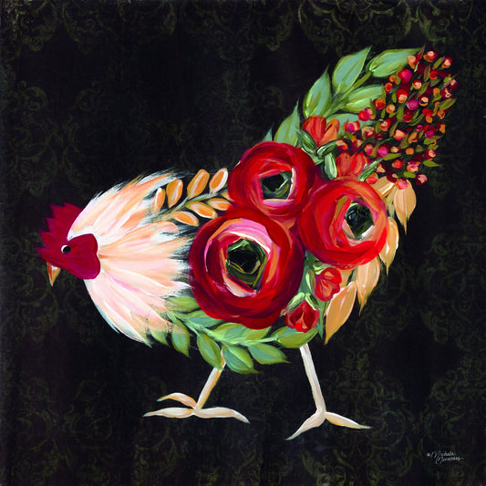 Framed Small - Botanical Rooster By Michele Norman - Red