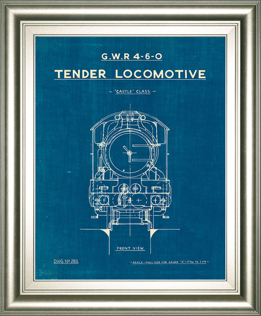 Locomotive Blueprint II By Wild Apple Portfolio - Framed Print Wall Art - Blue