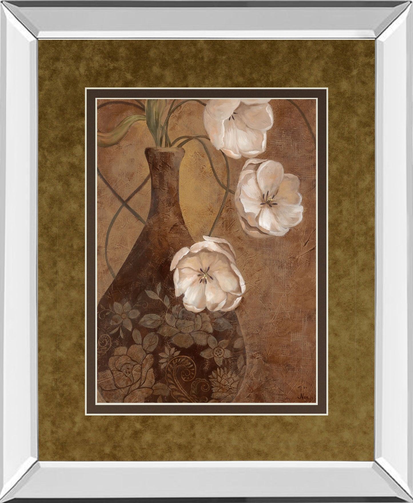 Flores En Umber I By Nan - Mirror Framed Print Wall Art - White