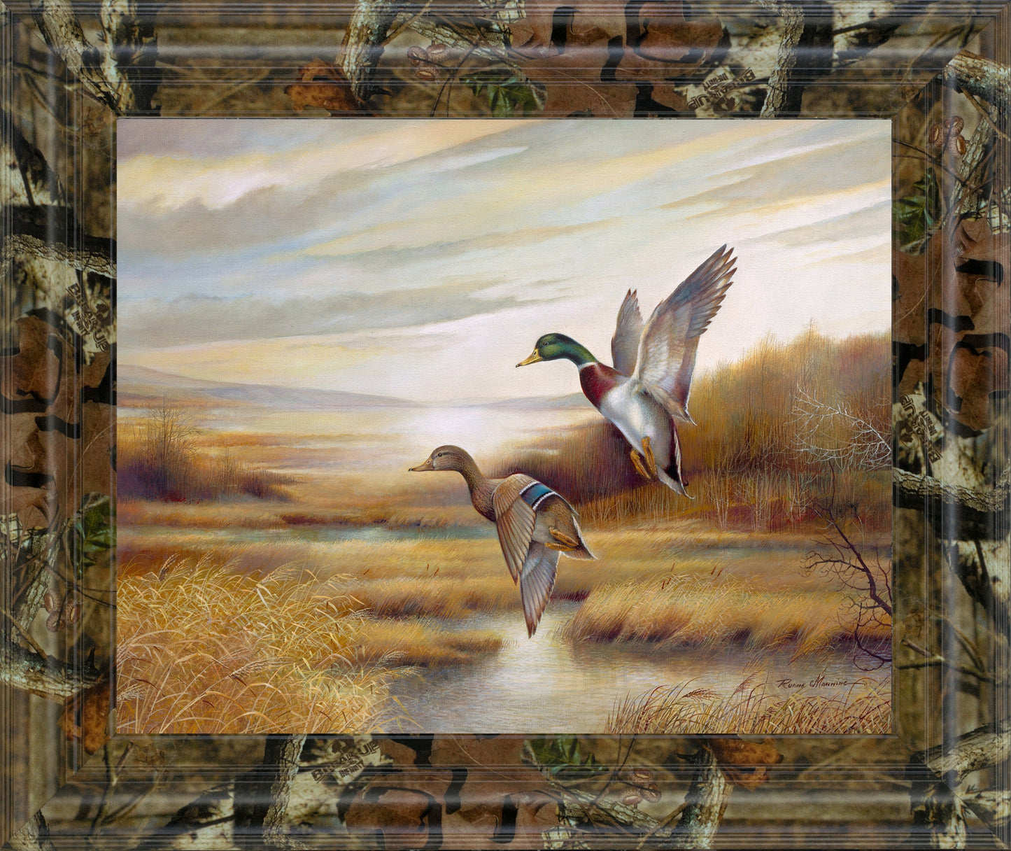 22x26 Mallards By Ruanne Manning And Mossy Oak Native Living - Framed Print Wall Art - Dark Brown