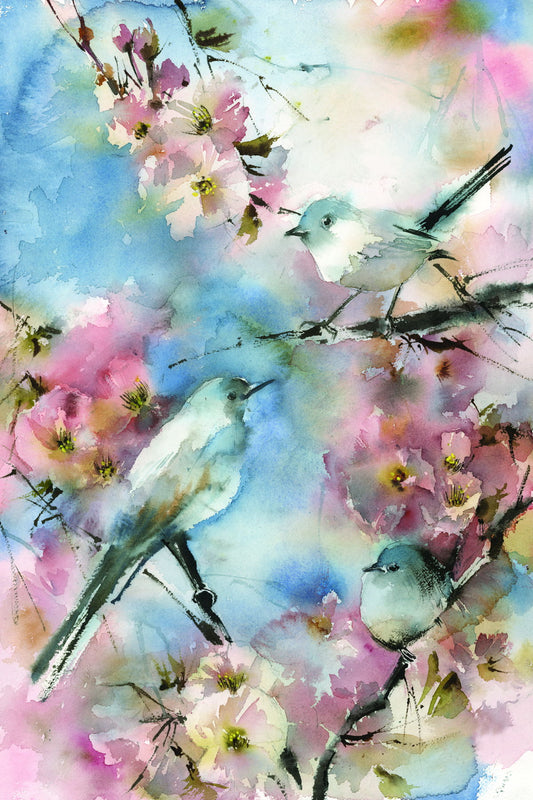 Framed - Blue Bird In Cherry Blossoms By Sophia Rodinov - Blue